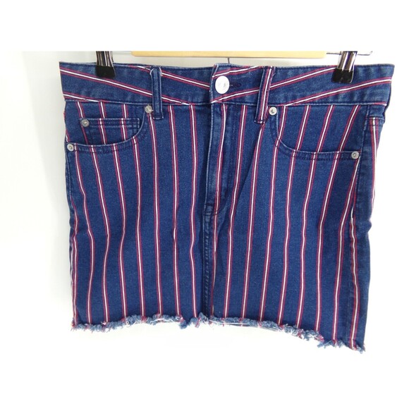 AMERICAN EAGLE Skirt 6 Denim Mini Super Stretch Striped Straight High Rise Blue - Picture 2 of 8